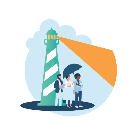 Illustration: Leuchtturm mit Lichtkegel über drei Personen mit Regenschirmen