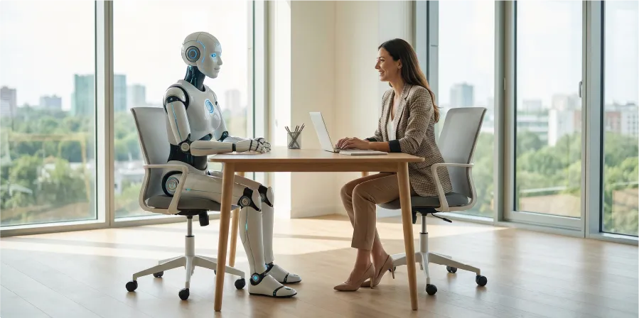 Foto: Humanoider Roboter sitzt einer Frau mit Laptop am Schreibtisch gegenüber