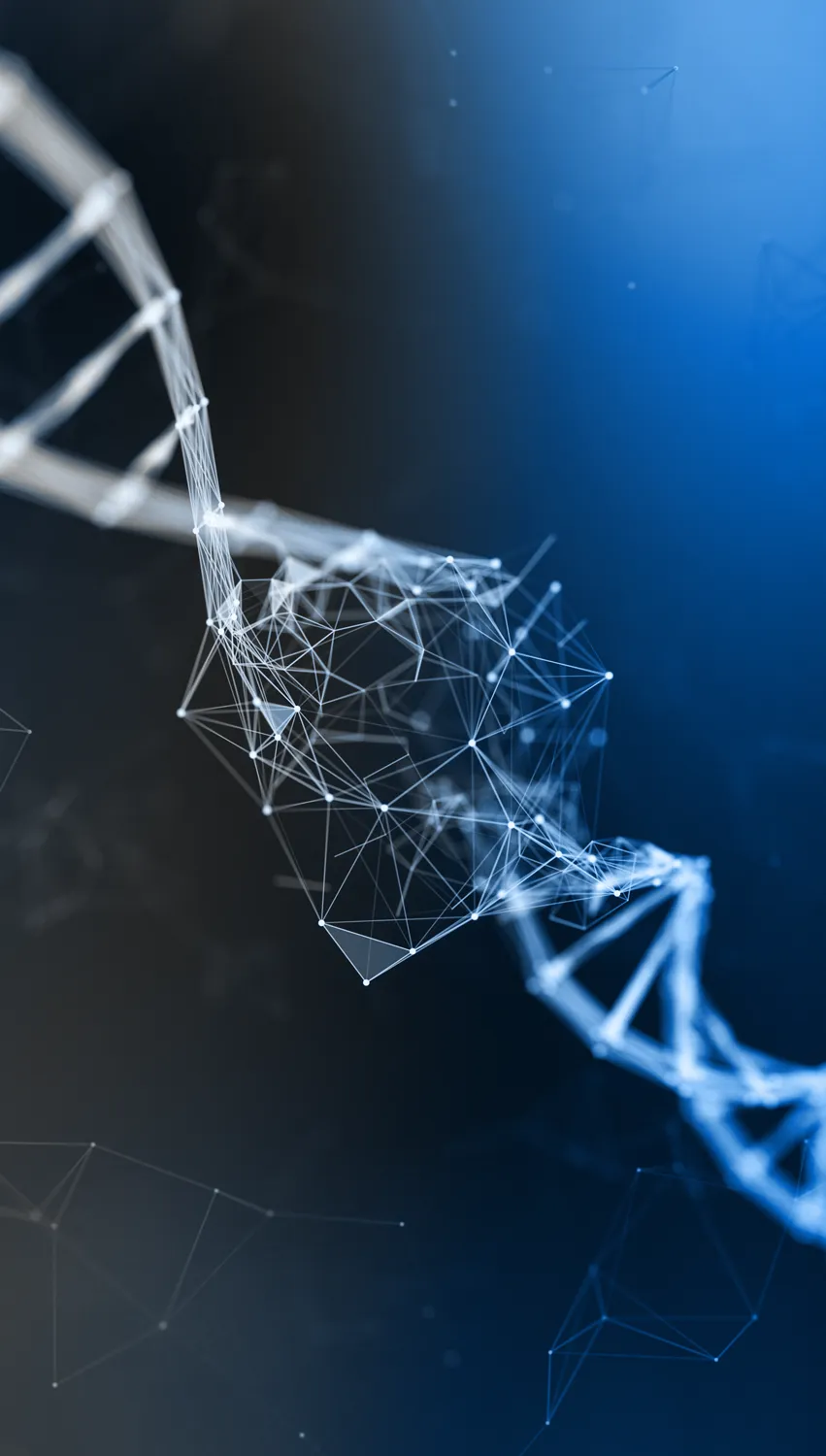 Illustration: DNA-Helix als Netzwerk-Visualisierung vor dunkelblauem Hintergrund