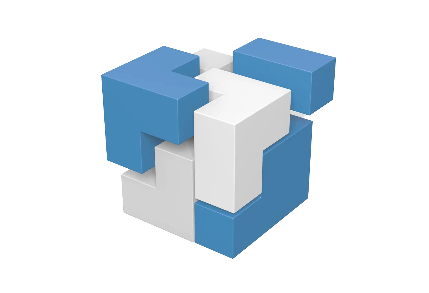 Illustration: 3D-Würfel aus modular zusammengesetzten Bausteinen in Blau und Weiß