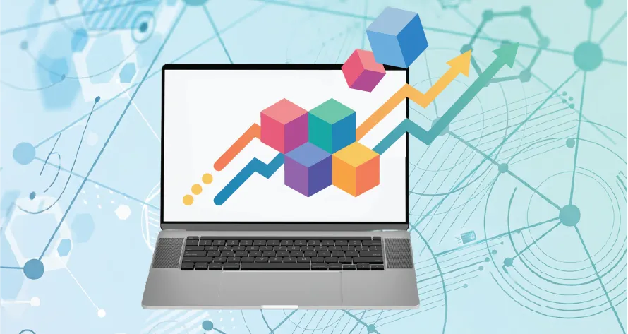 Illustration: Laptop mit aufsteigenden Diagrammen und farbigen Würfeln