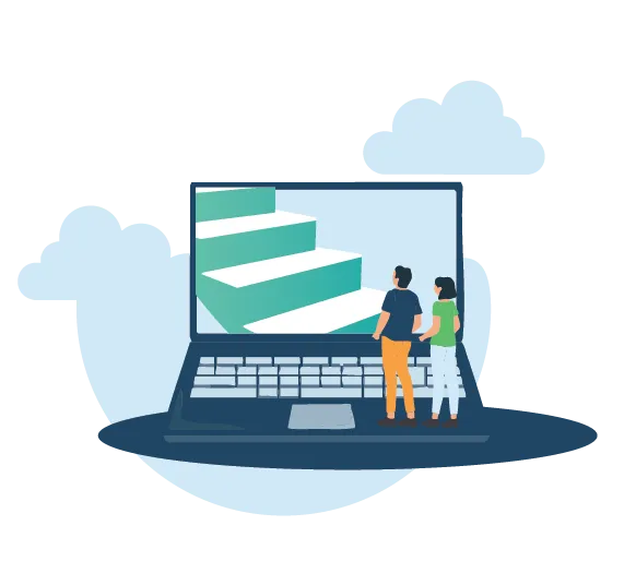 Illustration: Zwei Lernende vor einem Laptop mit aufsteigendem Treppen-Diagramm
