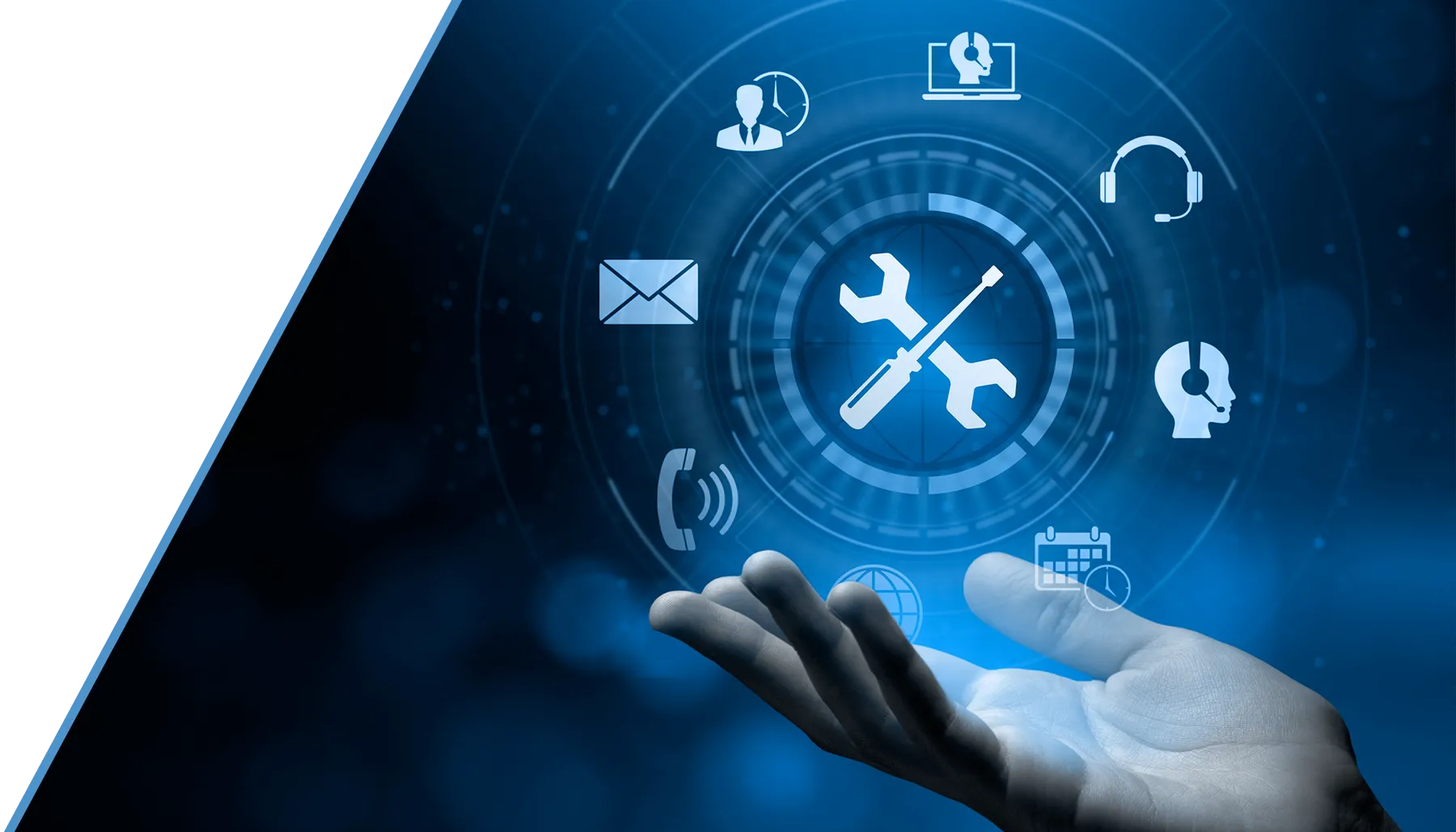 Offene Hand mit schwebenden Service-Symbolen für Support, Kommunikation und Werkzeuge