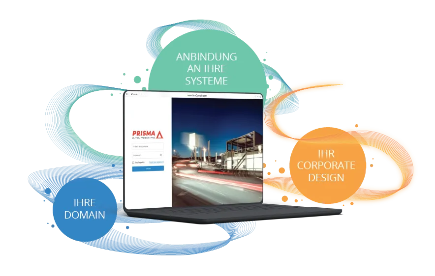 Illustration: Laptop mit individuellem Login-Screen und Schlagworten zu Domain, Corporate Design und Systemanbindung
